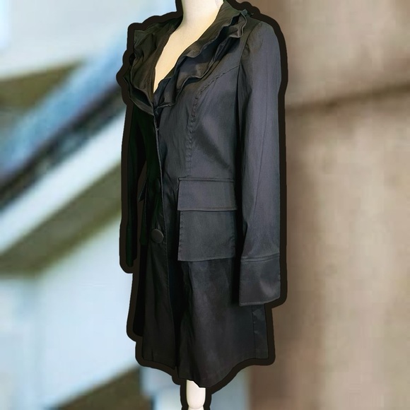 Joseph Ribkoff Black Button-Up Vintage Wired Stand-Up Ruffle Collar Jacket Sz 8 - Picture 5 of 15